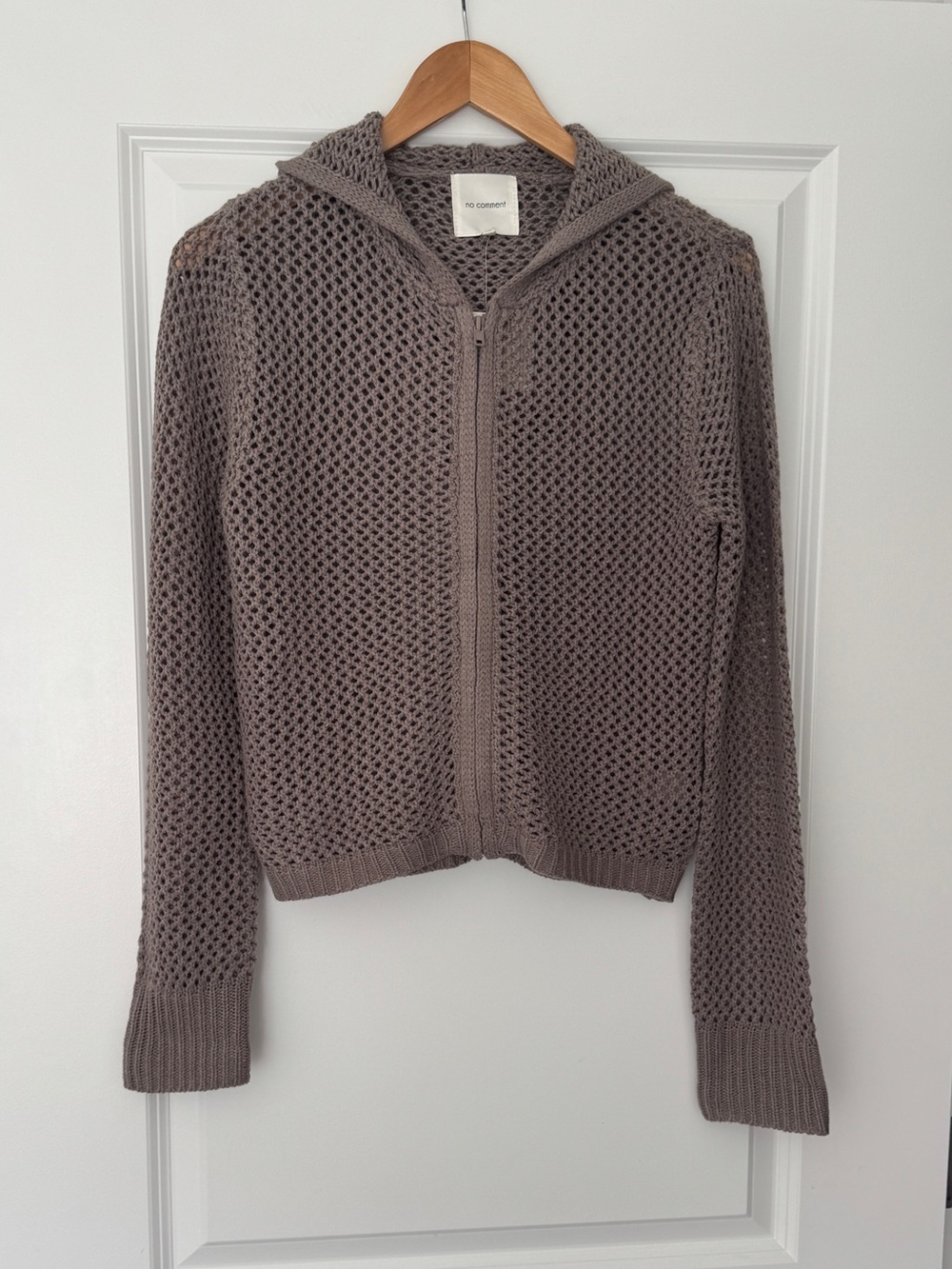 Open Weave Hooded Zip Sweater - Taupe